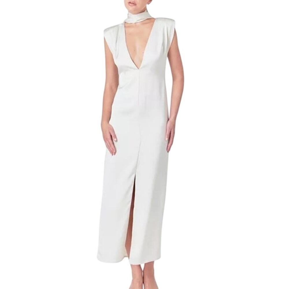 Endless Rose Women’s Deep V Satin Maxi Dress Cream Size Large Elegant Style